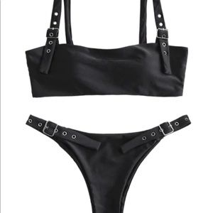 Black embellished adjustable strap bikini